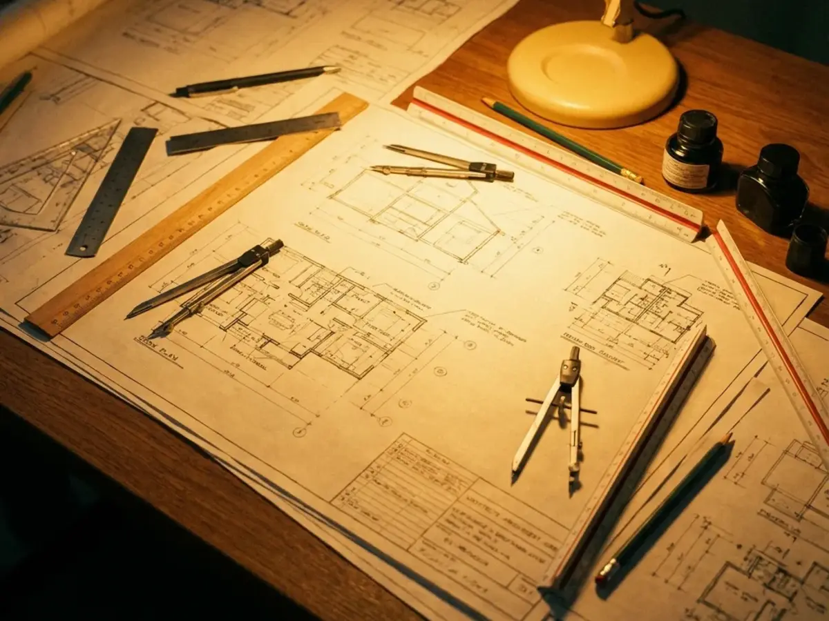 Design drawings and tools on a work desk