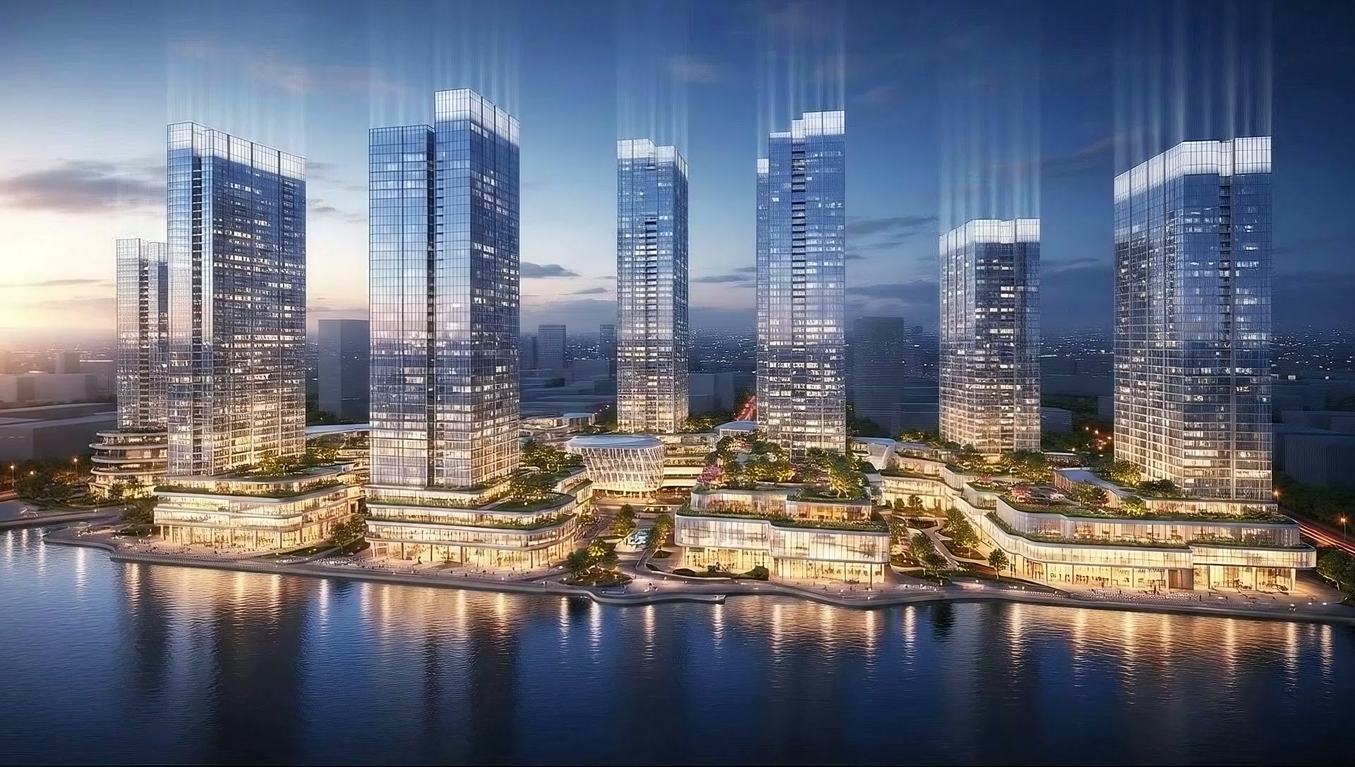 Waterfront skyline at dusk